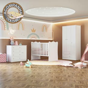 Quarto de Bebê Doce Sonho Completo com Cômoda Sapateira Qmovi Branco + Colchão Gazin