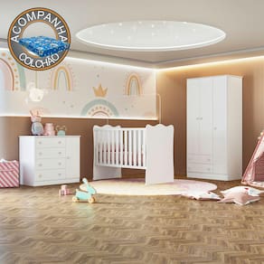 Quarto de Bebê Doce Sonho Completo com Cômoda Sapateira Qmovi Branco + Colchão Ortobom