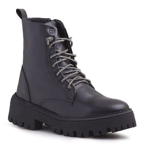 Bota Feminina Coturno Cadarço Strass Zíper Cano Médio