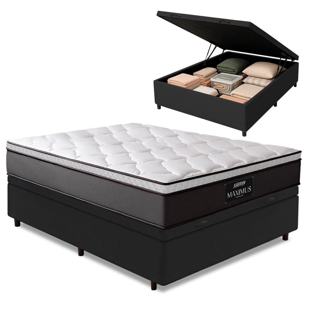 Cama Box Baú Casal Colchão Gazin Maximus Molas Ensacadas 138x188x65cm Cinza / Preto - Suporta até 120kg por Pessoa