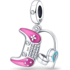 Berloque Charms Pingente Gamer Rosa Fone Prata 925