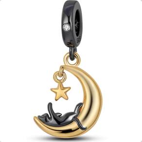 Berloque Charms Pingente Gato Preto Estrela Lua Prata 925