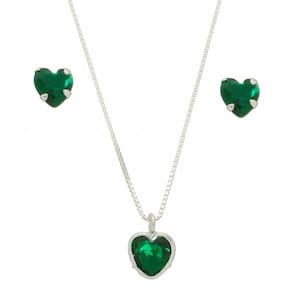 Colar Prata 925 Feminino 45cm Pingente Coração Brinco Verde