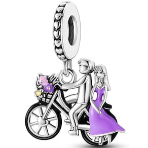 Berloque Charms Pingente Casal Bicicleta Flores Prata 925