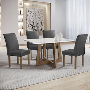 Conjunto Mesa Arizona 120cm com 4 Cadeiras Canela Tampo Smart Plus com Vidro Chocolate/Off White/Cinza