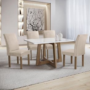 Conjunto Mesa Arizona 120cm com 4 Cadeiras Canela Tampo Smart Plus com Vidro Chocolate/Off White/Bege