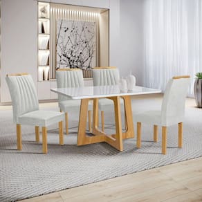 Conjunto Mesa Arizona 120cm com 4 Cadeiras Arizona Tampo Smart Plus com Vidro Cinamomo/Off White/Gelo