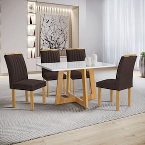 Conjunto Mesa Arizona 120cm com 4 Cadeiras Arizona Tampo Smart Plus com Vidro Cinamomo/Off White/Marrom