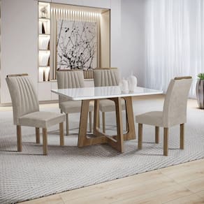 Conjunto Mesa Arizona 120cm com 4 Cadeiras Arizona Tampo Smart Plus com Vidro Chocolate/Off White/Bege Claro