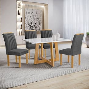 Conjunto Mesa Arizona 120cm com 4 Cadeiras Arizona Tampo Smart Plus com Vidro Cinamomo/Off White/Cinza