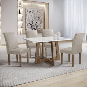Conjunto Mesa Arizona 120cm com 4 Cadeiras Canela Tampo Smart Plus com Vidro Chocolate/Off White/Bege Claro