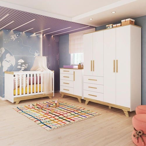 Quarto de Bebê Completo com Guarda Roupa Cômoda e Berço 100% Mdf Jolie Retrô Espresso Móveis Branco Brilho/Amêndoa - Branco