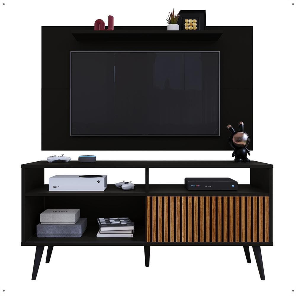 Rack Bancada Estante Painel TV Smart 48 Polegadas Home Pequeno Nicho Porta Correr Pés Palito Retrô Sala Quarto Samba Preto/Ripado - RPM