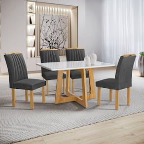 Conjunto Mesa Arizona 120cm com 4 Cadeiras Arizona Tampo Smart Plus com Vidro Cinamomo/Off White/Cinza