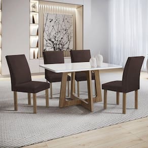 Conjunto Mesa Arizona 120cm com 4 Cadeiras Canela Tampo Smart Plus com Vidro Chocolate/Off White/Marrom