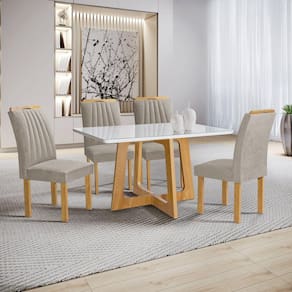 Conjunto Mesa Arizona 120cm com 4 Cadeiras Arizona Tampo Smart Plus com Vidro Cinamomo/Off White/Bege Claro