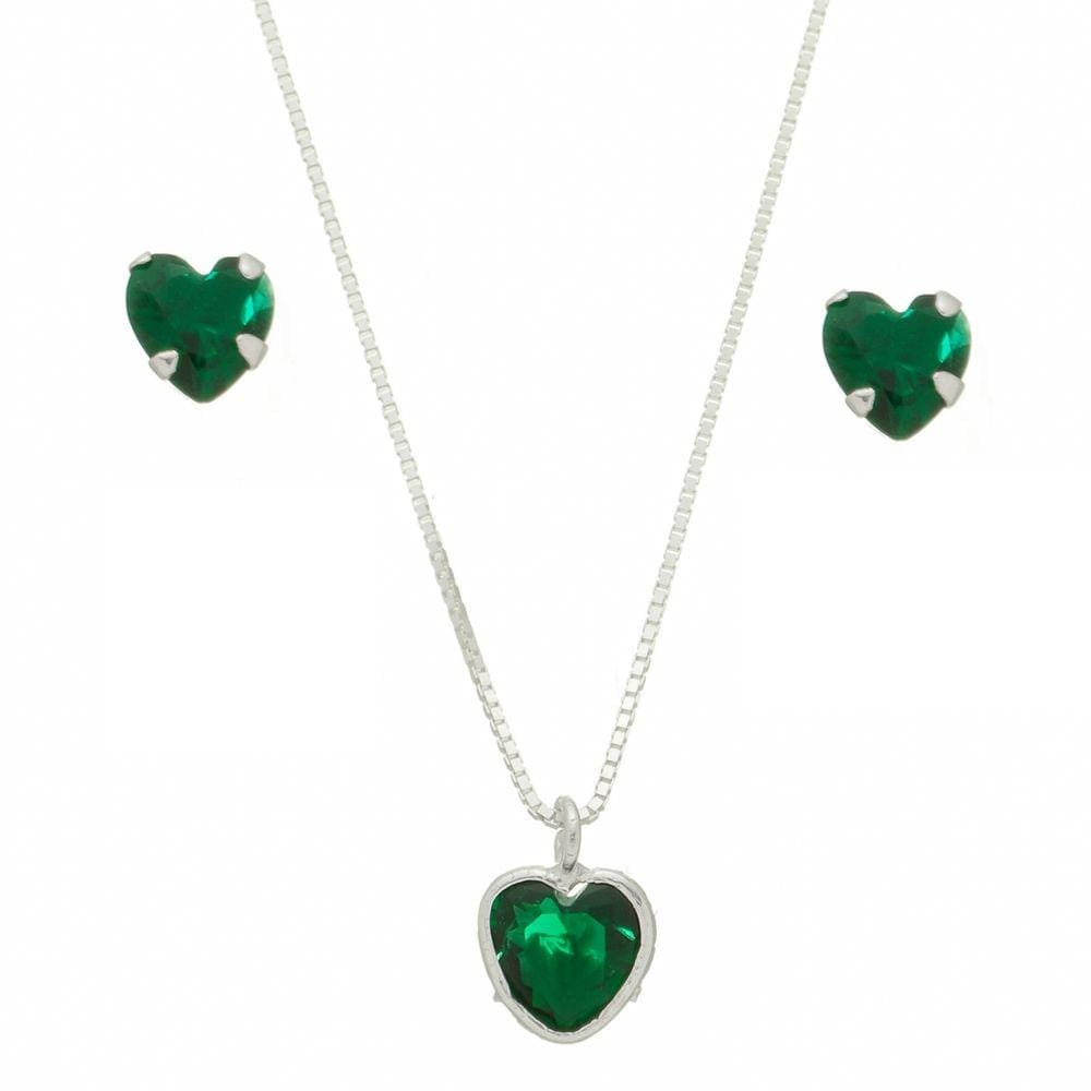 Colar Prata 925 Feminino 50cm Pingente Coração Brinco Verde