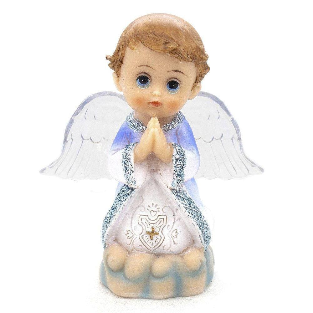 Imagem Anjo Da Guarda Azul Rezando Led Importado Resina 12