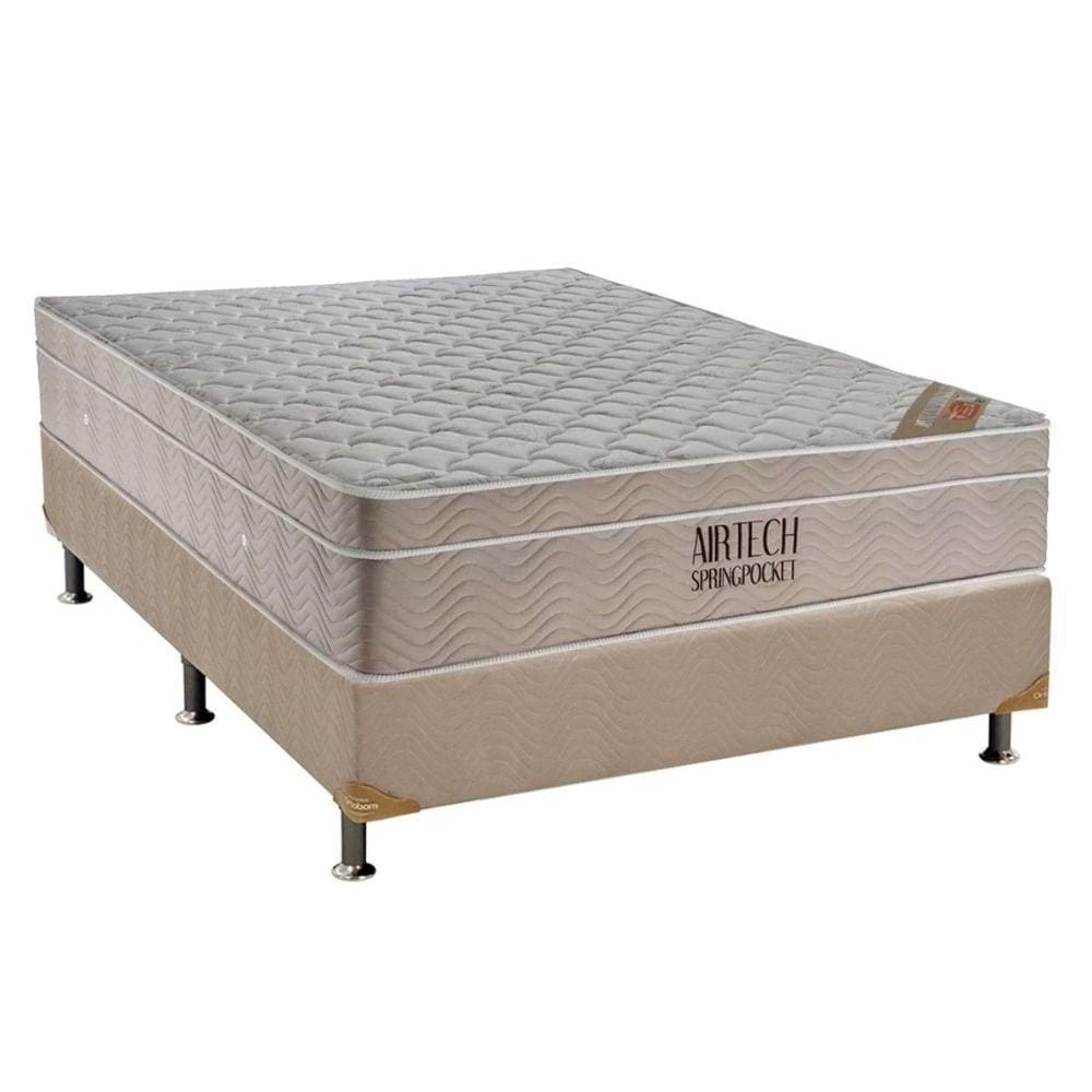 Cama Box Casal: Colchão Molas Ortobom SuperPocket Fort Airtech Spring + Base CRC Suede Branco(138x188)