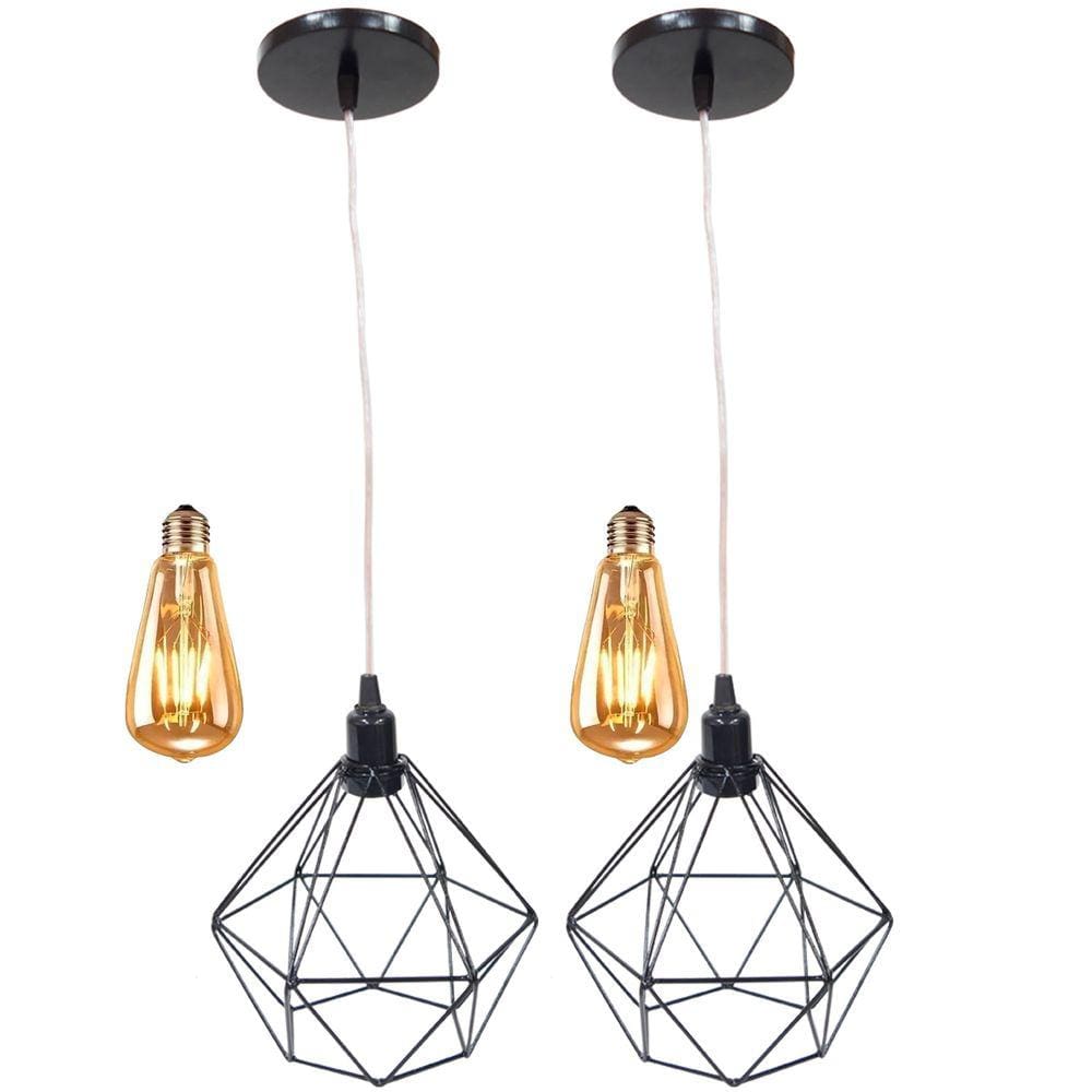 2 Pendentes Aramado Diamante Lustre Cabo Cristal P + 2 Lâmpadas Led ST64 Vintage Retrô Agp Gmh