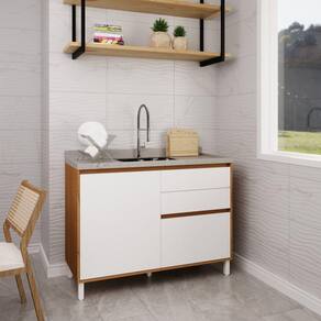 Balcão 120cm 1 Porta 2 Gavetas 1 Porta Temperos Cozinha Milão Branco Ártico / Freijó Rocks