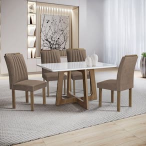 Conjunto Mesa Arizona 120cm com 4 Cadeiras Arizona Tampo Smart Plus com Vidro Chocolate/Off White/Bege Escuro