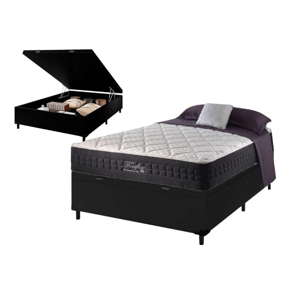 Colchão FortFlex 200kg por Pessoa - Tamanho Casal Molas Ensacadas Anjos + Cama Box Com Baú Sintético 138x188x72