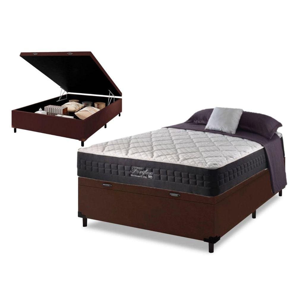 Colchão FortFlex 200kg por Pessoa - Tamanho Casal Molas Ensacadas Anjos + Cama Box Com Baú Marrom 138x188x72