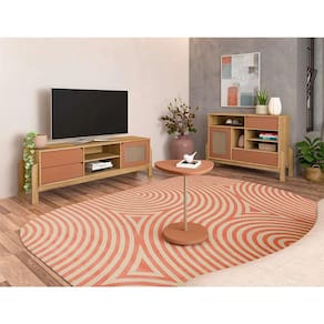 conjunto de sala de estar nature com rack para tv até 65 polegadas, buffet 1 pt 2 gv e mesa lateral carvalho e terracota