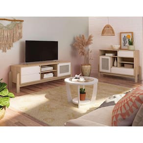 conjunto de sala de estar nature com rack para tv até 65 polegadas 1 pt 2 gv, buffet e mesa de centro le e branco