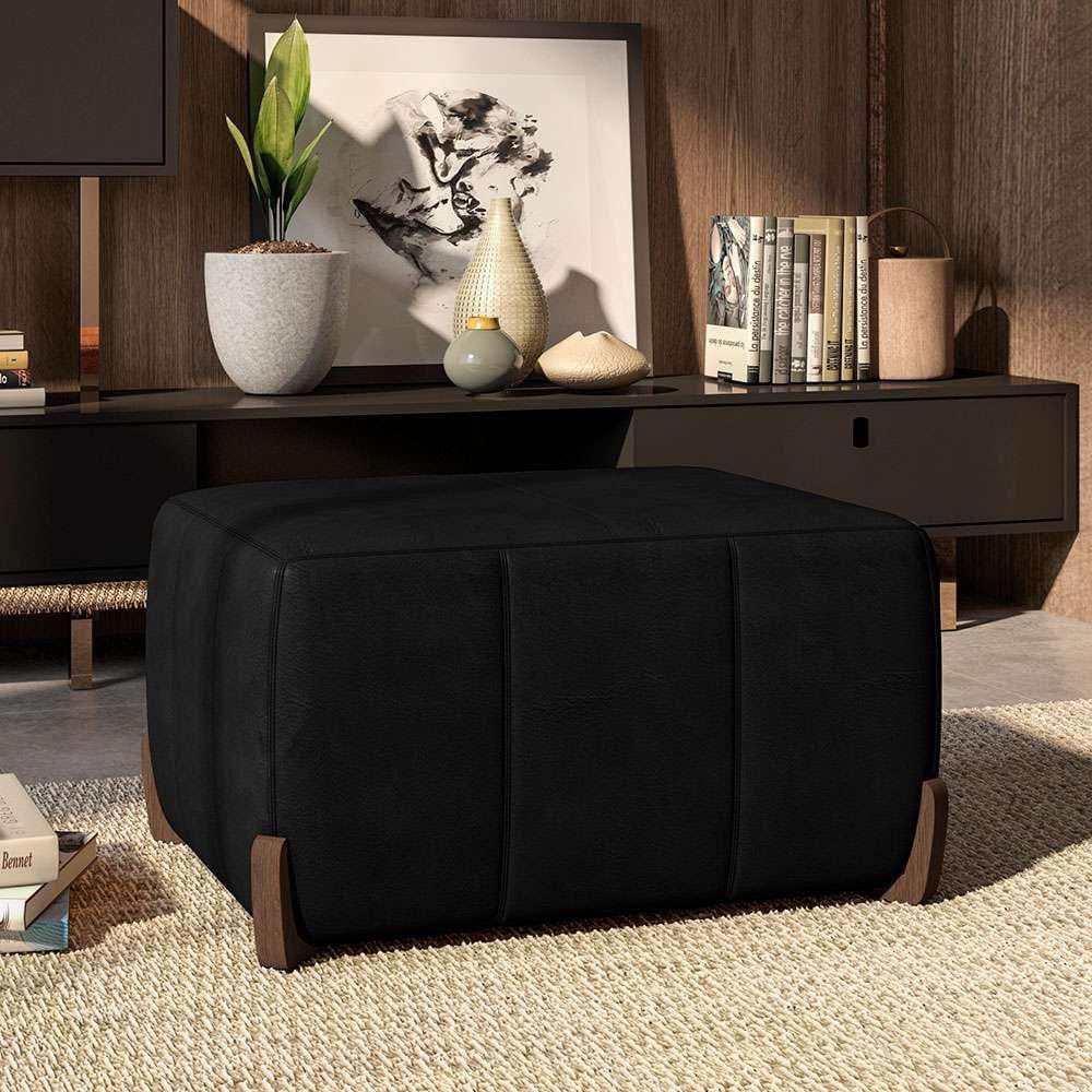 puff retangular beirute couro preto 80 cm