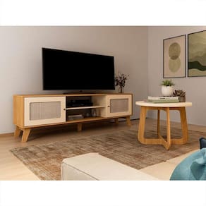 conjunto de rack charlotte 2 pt com mesa de centro redonda jasmin off white e carvalho