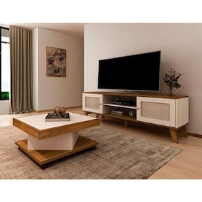 conjunto de rack charlotte 2 pt com mesa de centro quadrada saara pinho e off white
