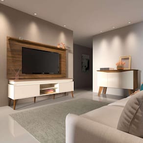 conjunto para sala de estar lumina com rack, painel para tv até 42 polegadas e buffet 3 pt pinho e off white