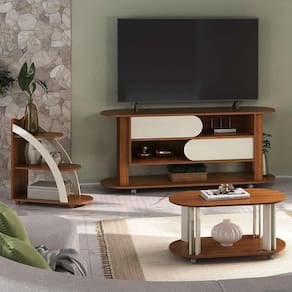 conjunto para sala de estar mundi com rack para tv até 65 polegadas, mesa de centro e mesa lateral cedro e off white