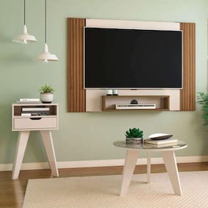 conjunto de sala de estar cine com painel para tv até 40 polegadas, mesa de centro e mesa lateral pinho e off white