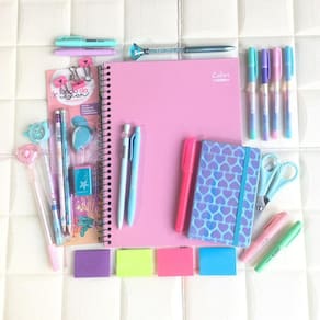Kit Papelaria Tons Pasteis Neon Caderno Caneta Marca Texto