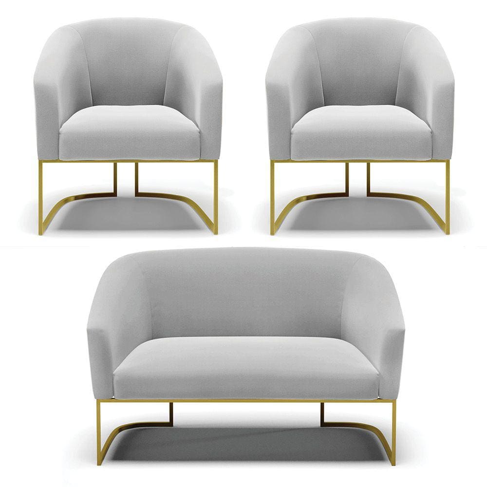Namoradeira e 2 Poltronas Base Industrial Dourado Stella Suede Cinza D03 - D`Rossi