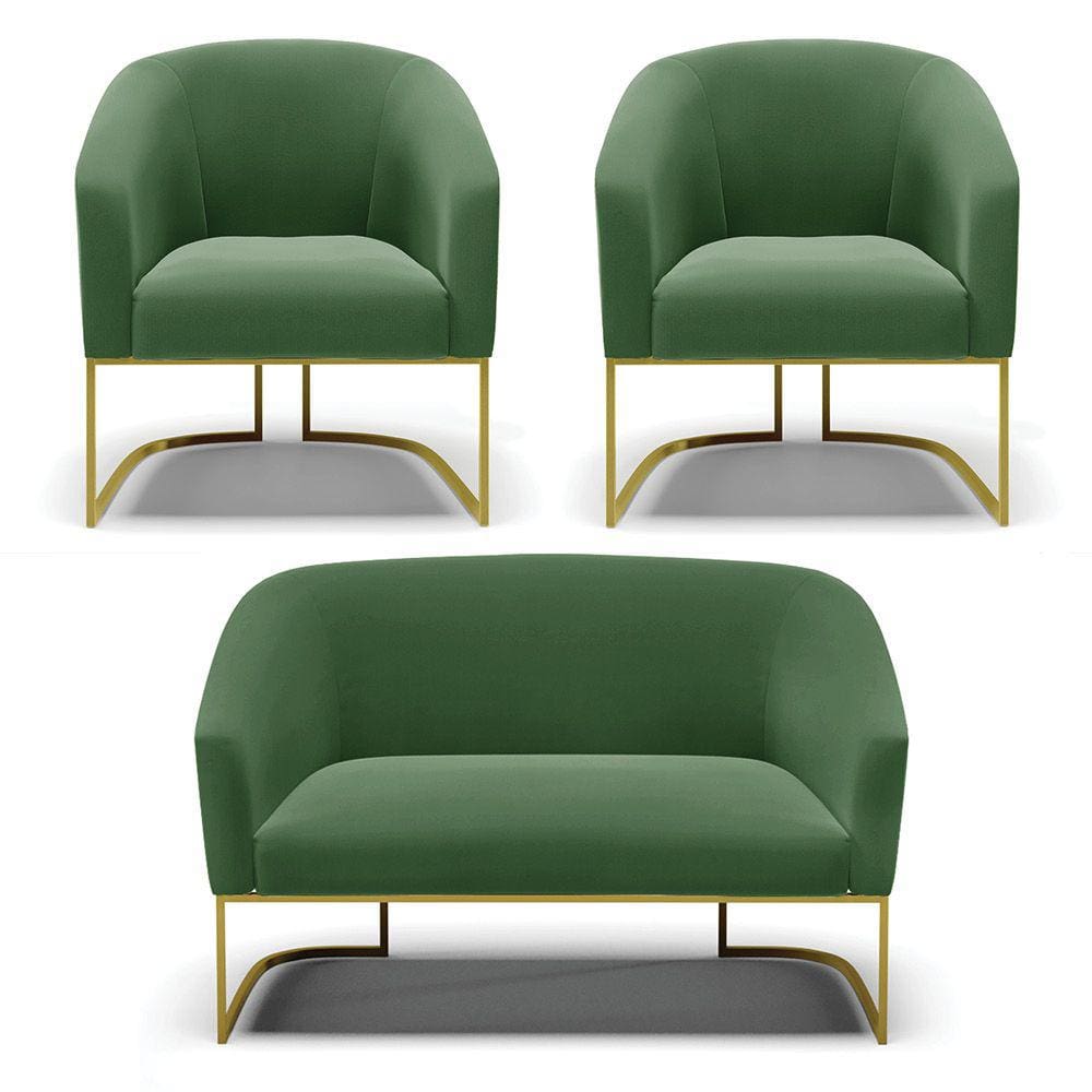 Namoradeira e 2 Poltronas Base Industrial Dourado Stella Suede Verde D03 - D`Rossi