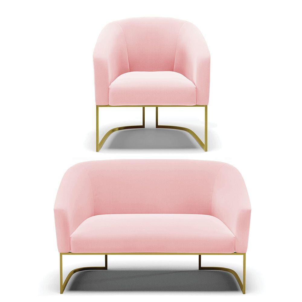 Namoradeira e Poltrona Base Industrial Dourado Stella Suede Rosa Bebê D03 - D`Rossi