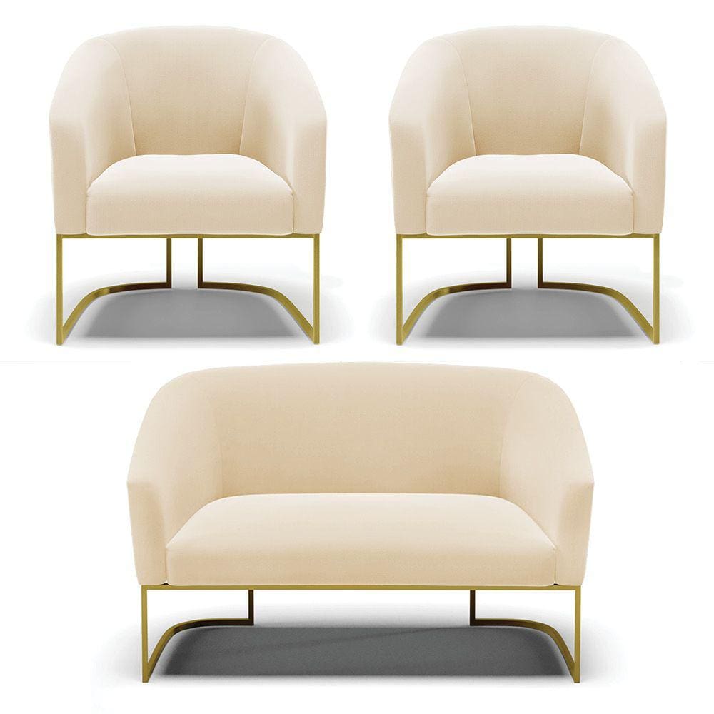 Namoradeira e 2 Poltronas Base Industrial Dourado Stella Suede Bege D03 - D`Rossi