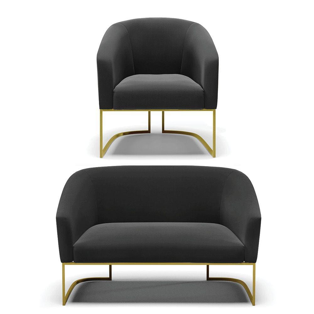 Namoradeira e Poltrona Base Industrial Dourado Stella Suede Preto D03 - D`Rossi