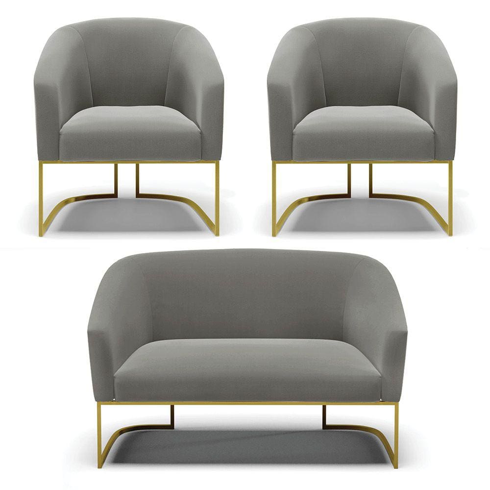 Namoradeira e 2 Poltronas Base Industrial Dourado Stella Suede Grafite D03 - D`Rossi
