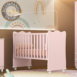 Berço Simples Doce Sonho 1 c/ rodízios Qmovi Rosa Acetinado + Colchão Gazin