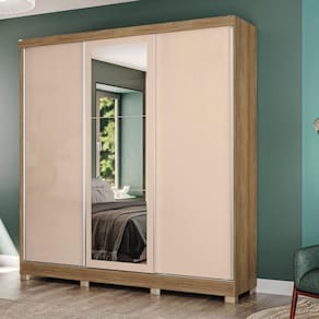 Guarda-Roupa Casal Kappesberg 3 Portas Reversiveis de Correr 3 Espelhos 4 Gavetas Nogueira/Macadâmia