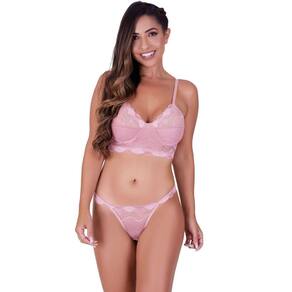 Conjunto fio sexy sem bojo e com arco em renda de poliamida rosa romance