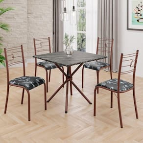 Conjunto Sala de Jantar Mesa Quadrada 70x70cm Tampo Mdp Ardósia Indiana 4 Cadeiras Paraty Preto Floral / Marrom