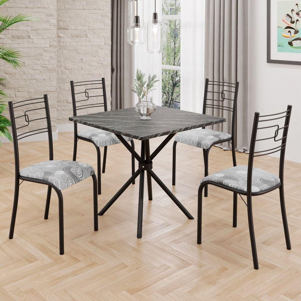 Conjunto Sala de Jantar Mesa Quadrada70x70cm Tampo Ardósia Indiana 4 Cadeiras Paraty Paraopeba/ Preto Fosco