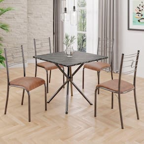 Conjunto Sala de Jantar Mesa Quadrada70x70cm Tampo Ardósia Indiana 4 Cadeiras Paraty Courino Marrom / Mart Prata