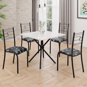 Conjunto Sala de Jantar Mesa Quadrada 70x70cm Tampo Mdp Off White 4 Cadeiras Paraty Preto Floral / Preto Fosco